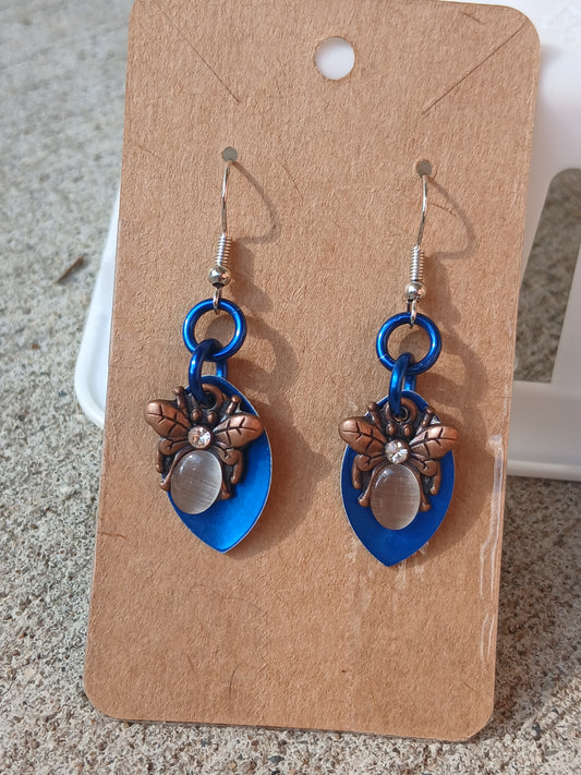 Small Blue Scales with Bug Charm Earrings