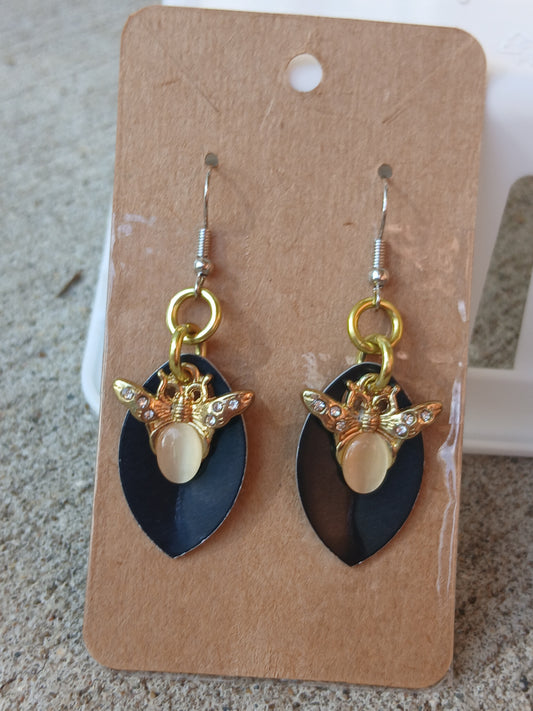 Large Black Scales with Gold Bug Charm Earrings