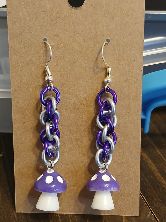 Purple and White Mushroom Earrings