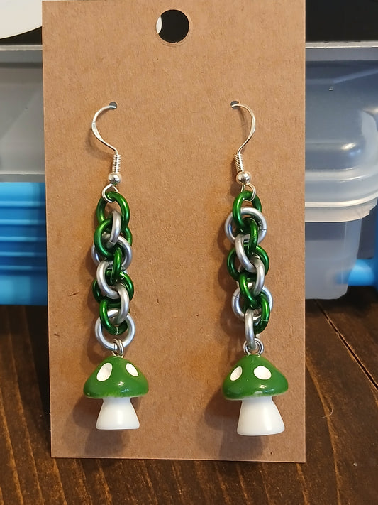 Green and White Mushroom Earrings