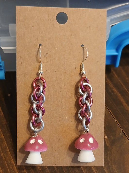 Hot Pink and White Mushroom Earrings