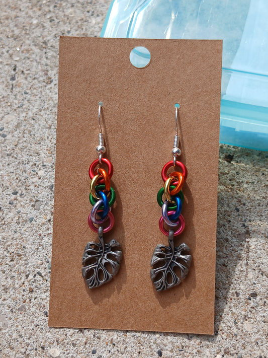 Rainbow Monstera Charm Earrings